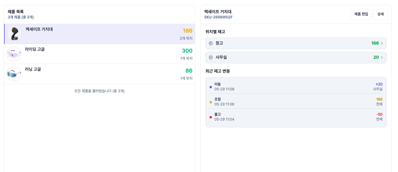 제품 상세 패널 - 위치별 수량과 최근 거래